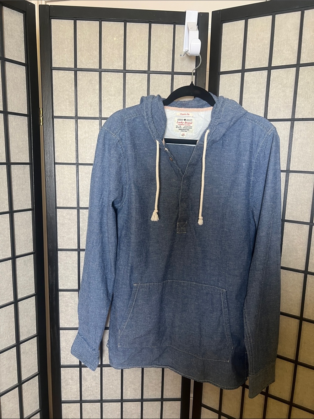 Lucky Brand Chambray Blue Hooded Pullover with Cream Drawstrings